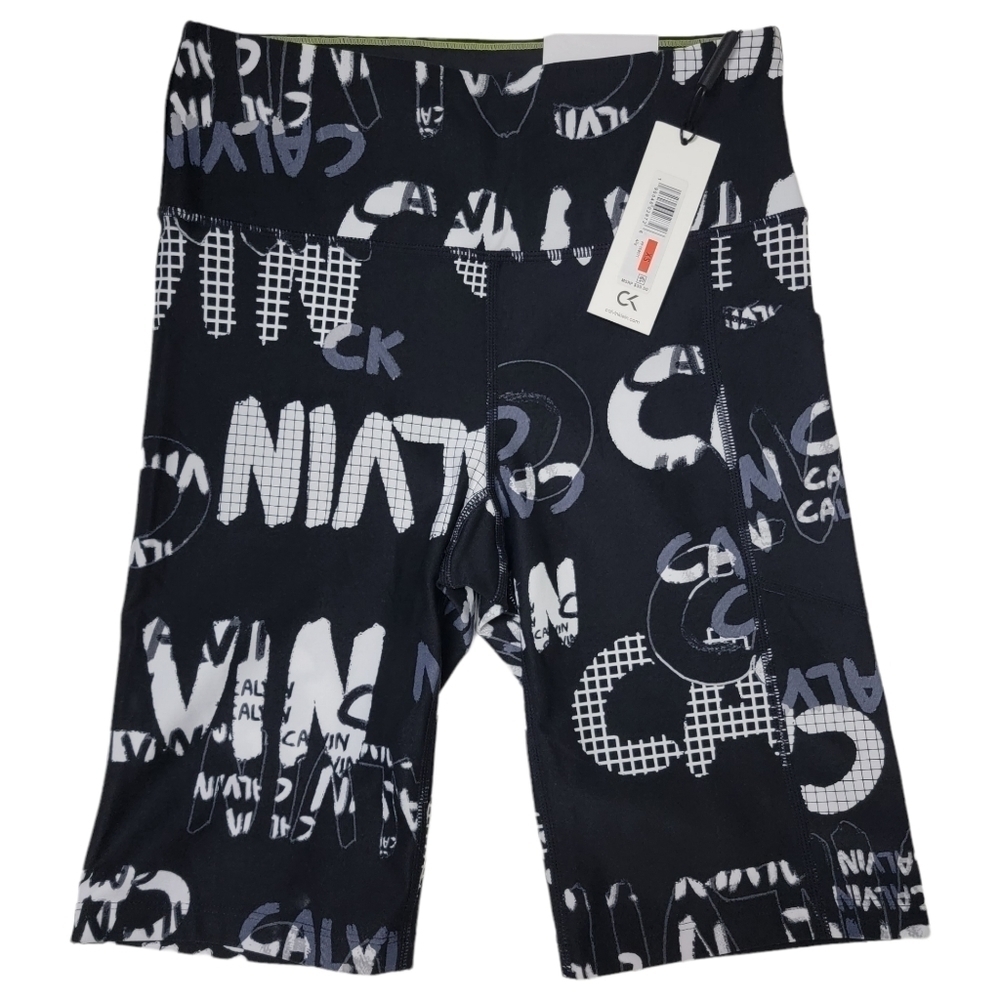 Calvin Klein High Waist 9 Inch Black White Graffiti Print Yoga Bike Short XS